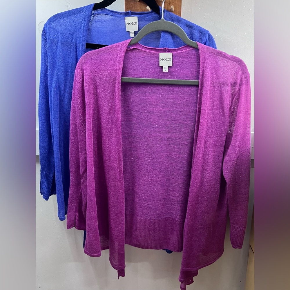 Lot of 2 Nic+Zoe All Year 4-way linen/viscose cardigans Sz L. Like new!